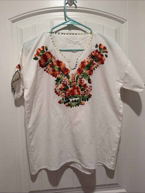 None Tops - Beautiful hand made Embroidered linen Blouse with Orange Floral Yoke